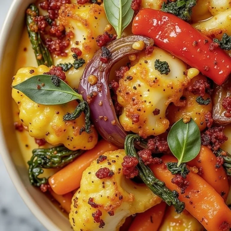 Close-up of a bowl filled with creamy roasted vegetables, including cauliflower, carrots, peppers, red onions, and basil.