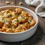 Bowl of cheesy chicken and potatoes with parsley garnish.