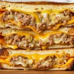 Stack of three patty melt sandwiches on a wooden board.