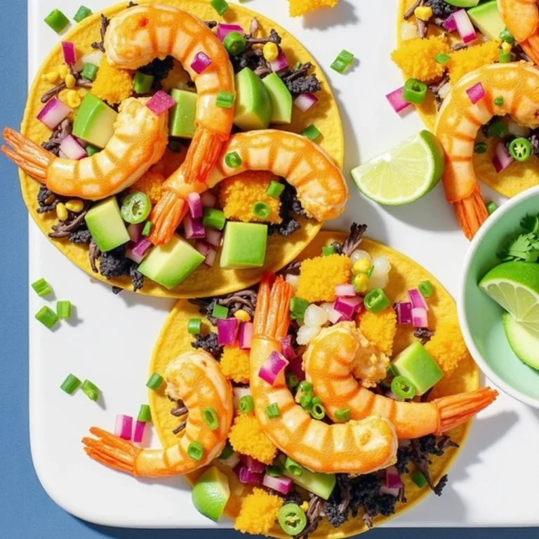 Overhead view of shrimp tacos topped with avocado, orange segments, and red onion