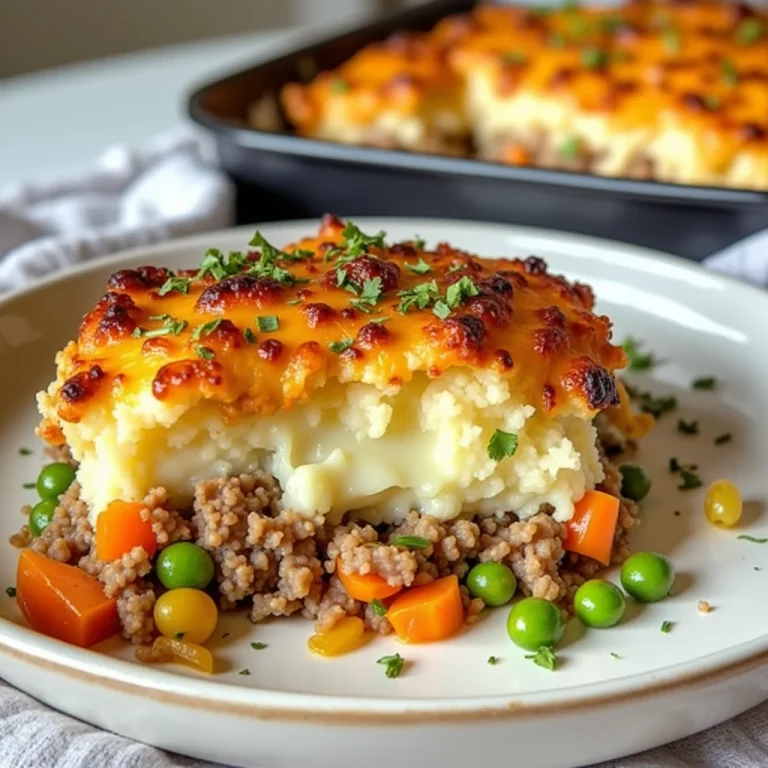 Slice of cottage pie on a plate, garnished with herbs.