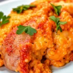 Close-up of a plate of 4-ingredient ranch chicken bake, garnished with fresh parsley.