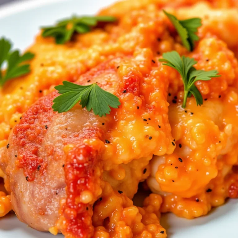 Close-up of a plate of 4-ingredient ranch chicken bake, garnished with fresh parsley.