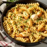 Chicken fusilli pasta in a skillet, garnished with parsley.