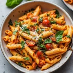 Bowl of one-pot tomato pasta topped with basil and Parmesan cheese.
