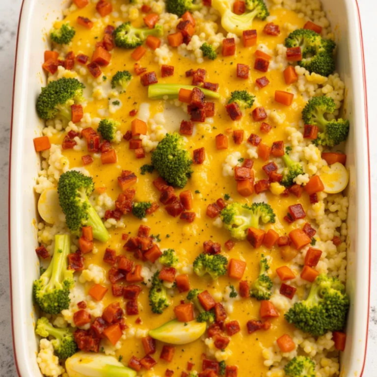 Overhead view of low carb chicken casserole in a baking dish.