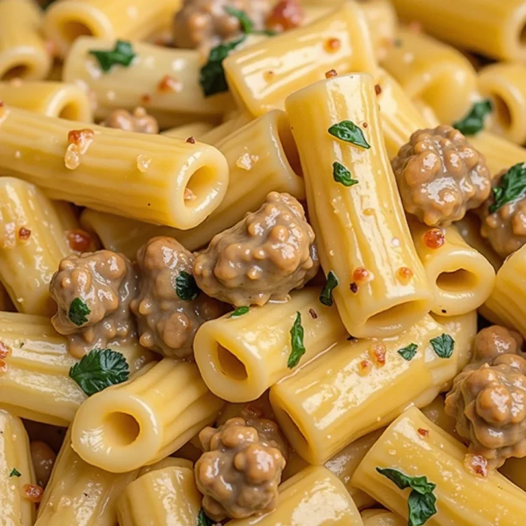 Close up of rigatoni pasta with Italian sausage and creamy sauce, garnished with fresh herbs.