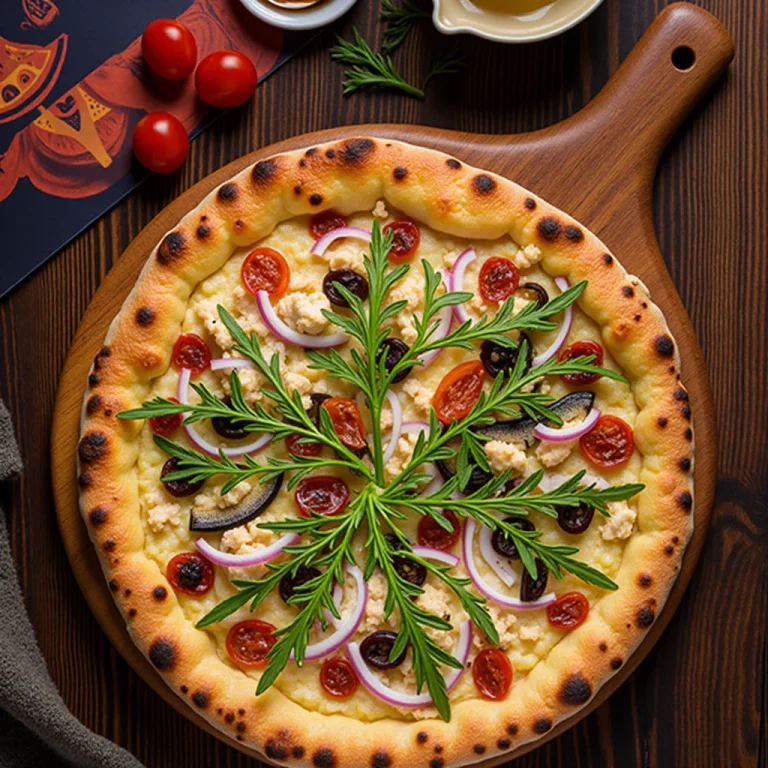 Overhead shot of a sardine pizza on a wooden board, surrounded by condiments and decorative spoons.