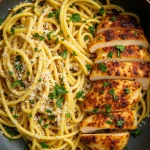 A bowl of delicious garlic butter chicken pasta.
