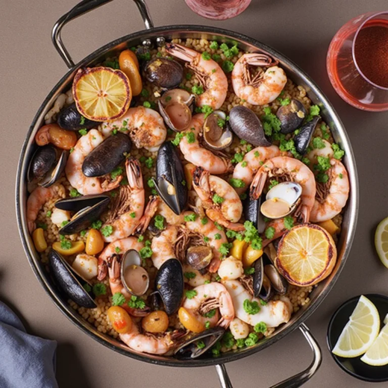 Overhead shot of a pan of seafood paella with wine and lemon.