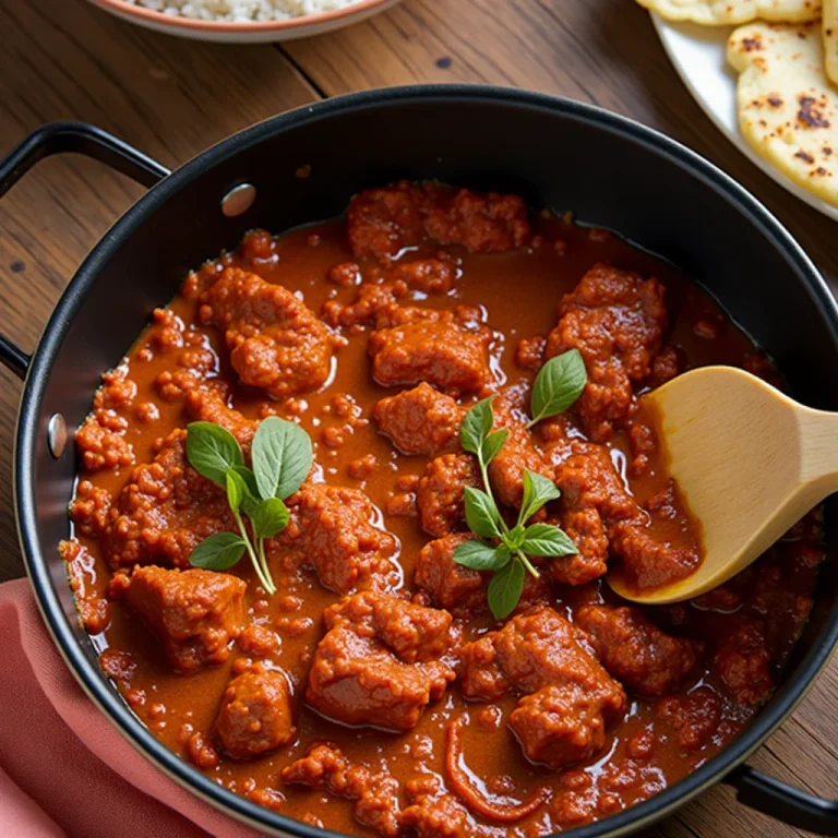 Lighter Chicken Tikka Masala served in a pan with rice and naan bread.
