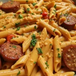 Close-up shot of a creamy Cajun sausage pasta dish.