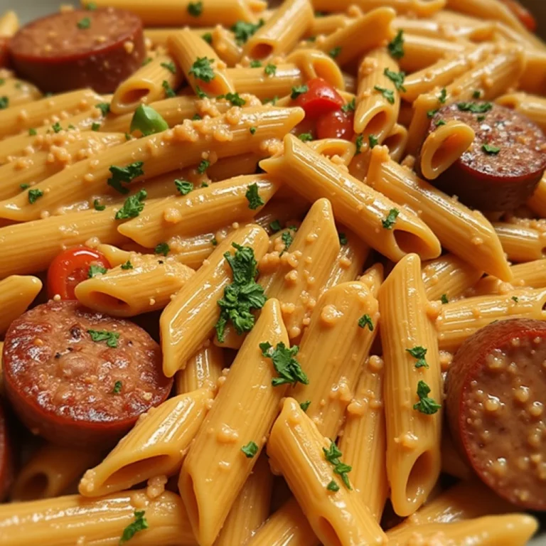 Close-up shot of a creamy Cajun sausage pasta dish.