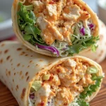 Close-up of two buffalo chicken wraps cut in half, showing the filling.