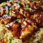 Close-up of one-pan chicken and rice, featuring glazed chicken pieces atop a bed of colorful rice with vegetables, garnished with green onions.
