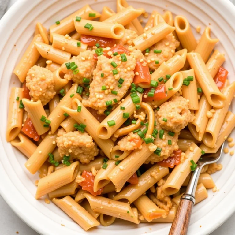 Overhead view of creamy penne pasta with vegetables and parsley in a white speckled bowl with a serving spoon.