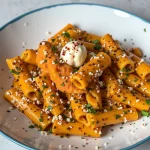 Delicious creamy chicken pasta in a white bowl with a teal rim, topped with a ball of cheese and herbs.