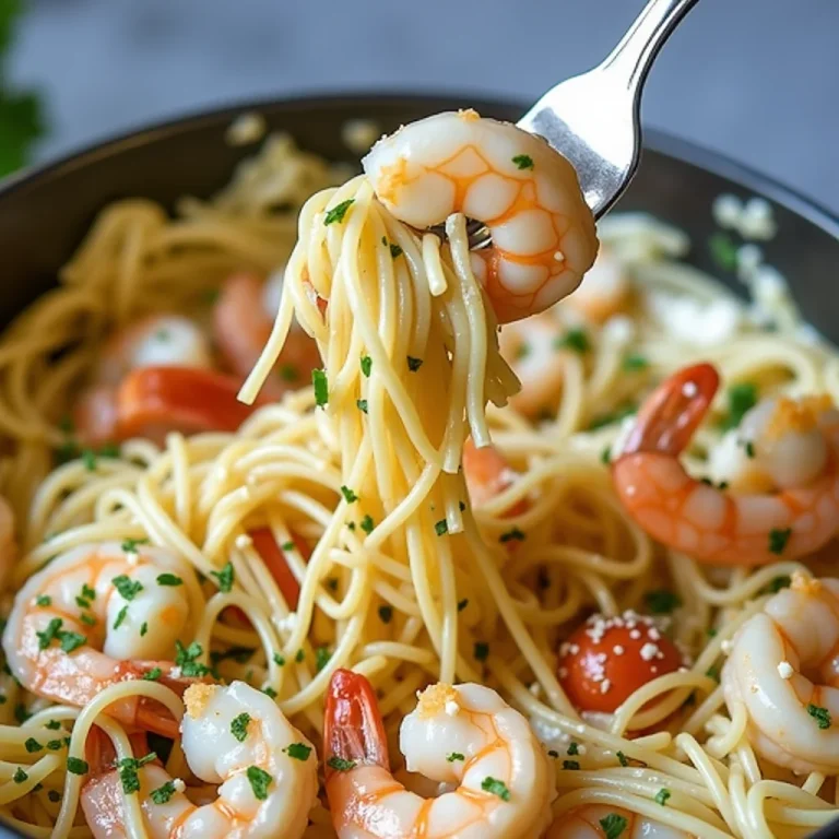 Close-up of creamy shrimp angel hair pasta with a fork lifting a bite.