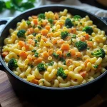 Delicious One Pot Veggie Mac and Cheese in a cast iron skillet.