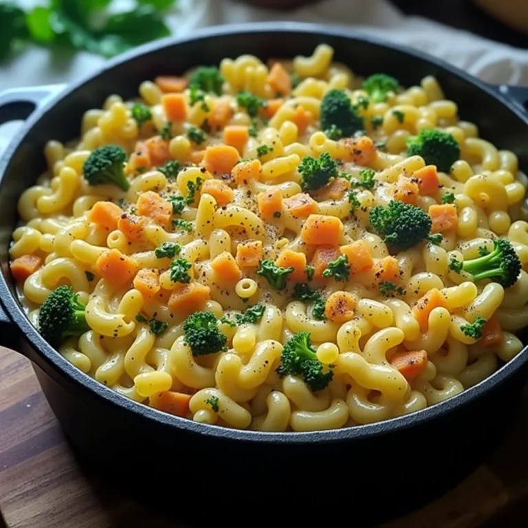 Delicious One Pot Veggie Mac and Cheese in a cast iron skillet.