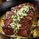 Delicious Garlic Butter Steak in a cast iron skillet.