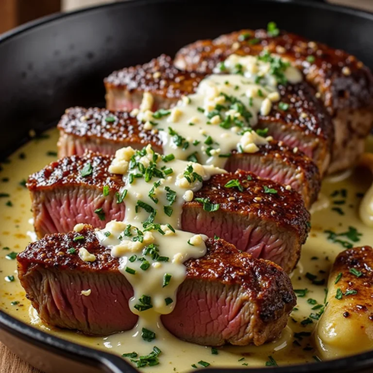 Delicious Garlic Butter Steak in a cast iron skillet.