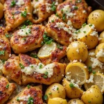 Close-up of garlic parmesan chicken thighs with roasted potatoes, topped with melted cheese and fresh parsley.