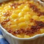 Golden brown pineapple bake in a white dish.