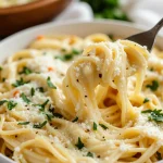 Creamy garlic parmesan spaghetti on a fork.