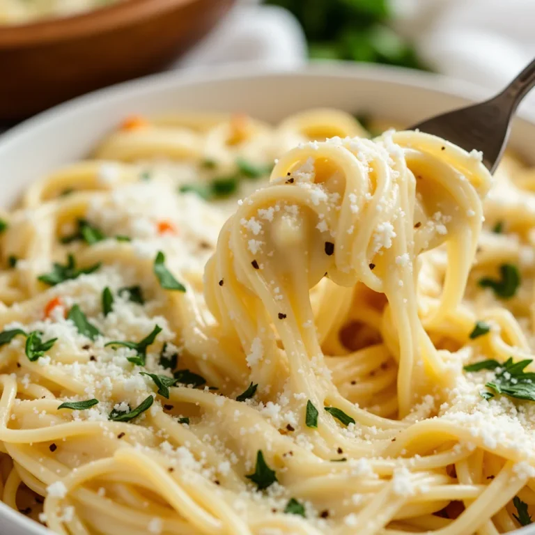 Creamy garlic parmesan spaghetti on a fork.