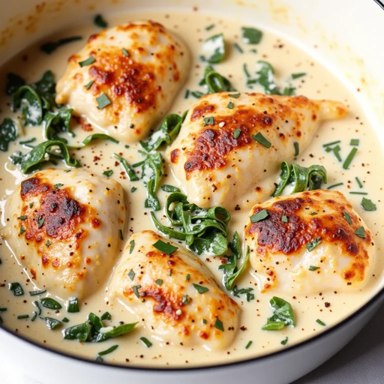 Close-up of creamy garlic chicken in a white pot with spinach.