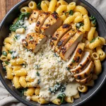 Bowl of high-protein pasta with grilled chicken and creamy sauce.