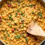 Vegan Shepherd's Pie with chickpeas, spinach, and sun-dried tomatoes in a creamy sauce.
