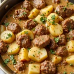 Close-up of one-pan meat and potatoes dish with a creamy sauce, garnished with parsley, and a wooden spoon.
