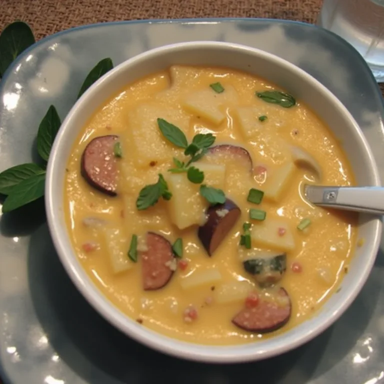 Bowl of Cajun potato soup garnished with herbs on a grey plate.