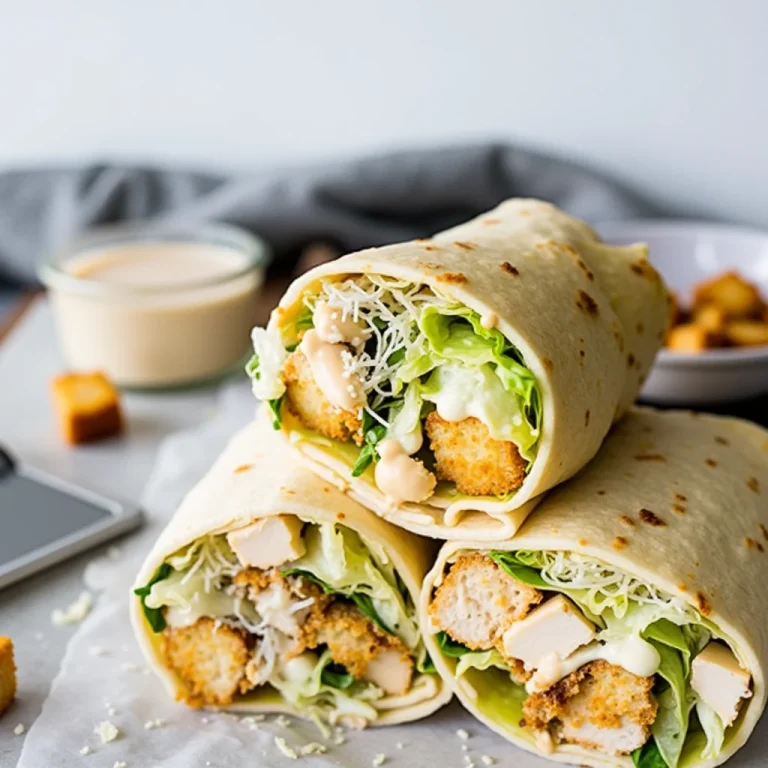 Three chicken caesar wraps stacked on white parchment paper.