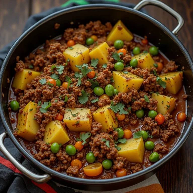 Delicious Indian Keema Aloo dish served in a black pot.