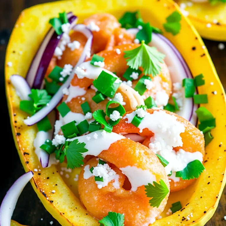 A close-up shot of a Whole30-compliant family meal, featuring roasted spaghetti squash halves filled with seasoned shrimp, garnished with red onions, a creamy sauce, parsley, and green onions.
