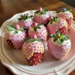 A plate of chocolate-covered strawberries decorated with pink frosting and small yellow dots.