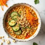 A bowl of colorful and appetizing 'Ramen for Kids' with noodles, broth, cucumber, carrots, and chopped peanuts.