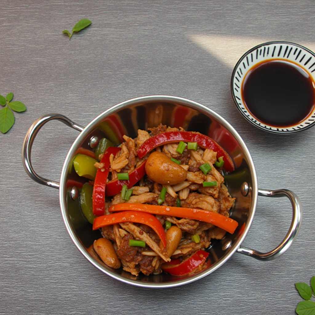 Gluten-free chicken stir fry in a metal wok on a wooden background with soy sauce.