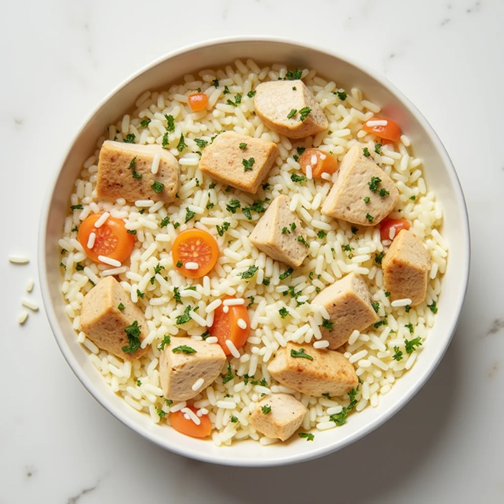 Overhead shot of a bowl of creamy one-pot chicken and rice with carrots and herbs.