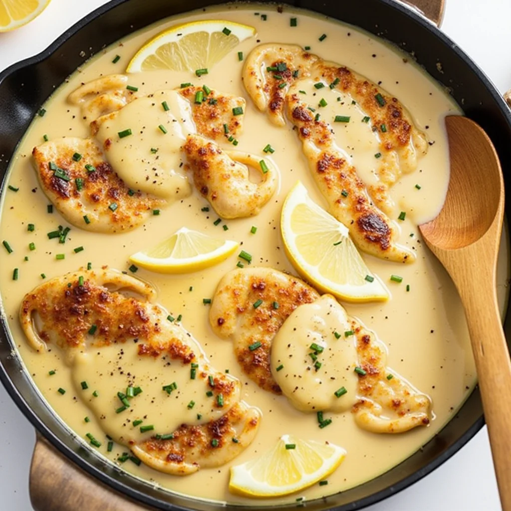 Overhead shot of honey pepper chicken in a creamy sauce with lemon wedges served in a cast iron skillet.