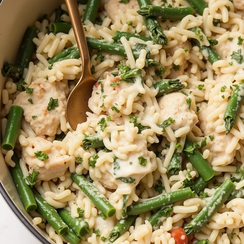 Creamy chicken orzo with asparagus served from a cast iron pot with a gold spoon.