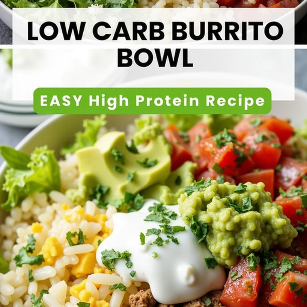A vibrant low-carb burrito bowl featuring seasoned ground beef, fresh guacamole, pico de gallo, cheese, lettuce, and a dollop of sour cream, garnished with cilantro, served in a white bowl.