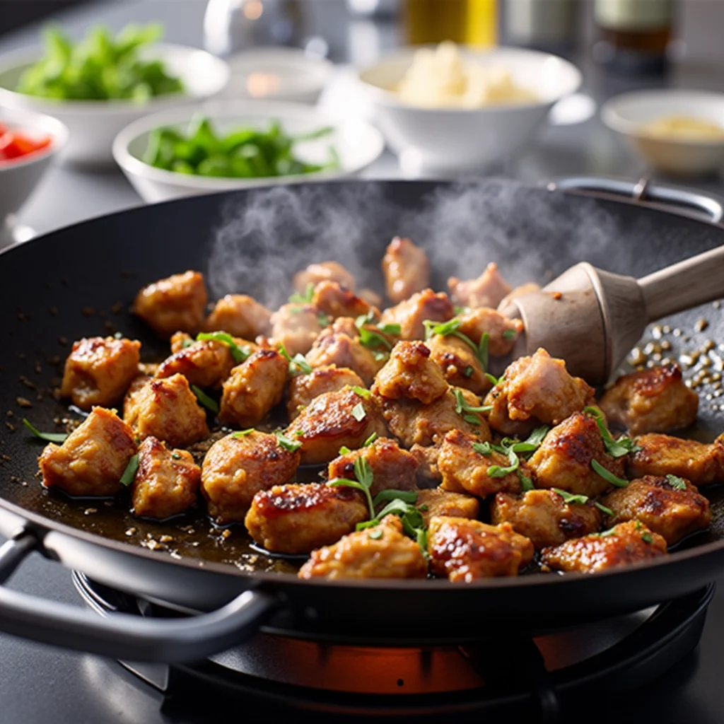 Chicken stir fry cooking in a wok with steam rising