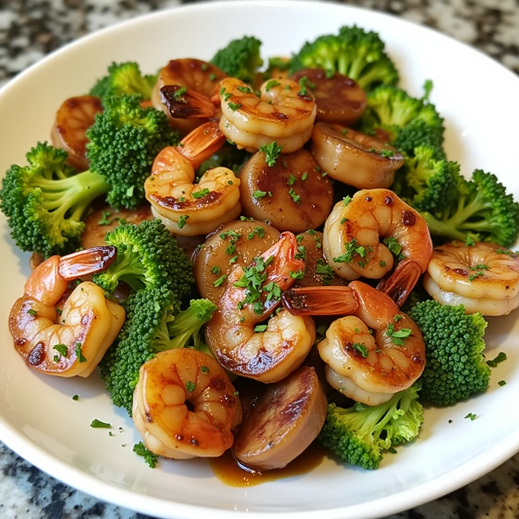 Close-up of low-carb shrimp and broccoli on a white plate.