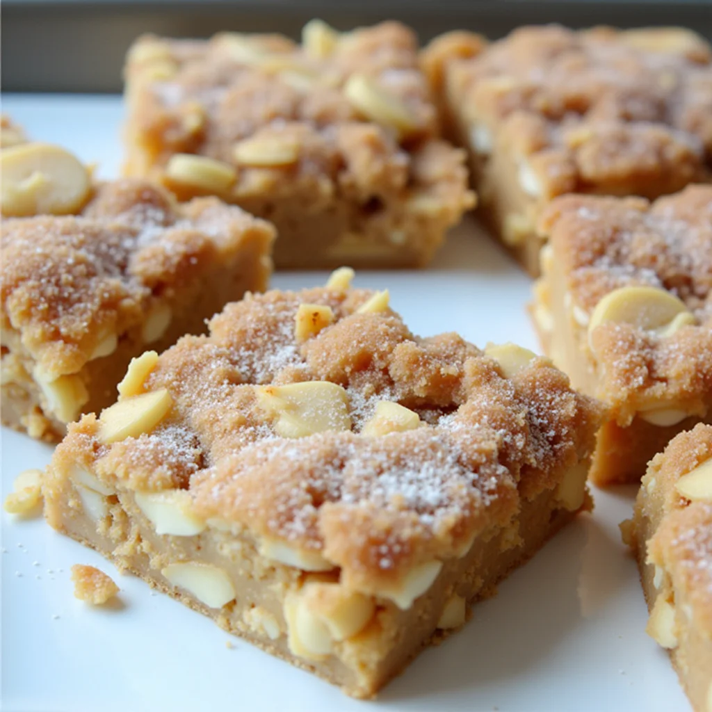 Close-up of apple snickerdoodle bars with a cinnamon-sugar topping.
