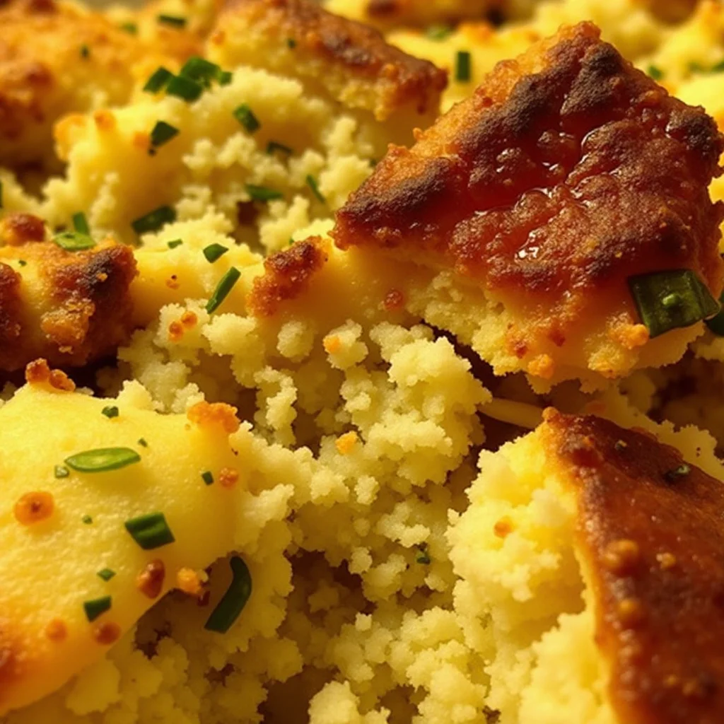 Close-up of baked cornbread with herbs and cheese in a white dish.