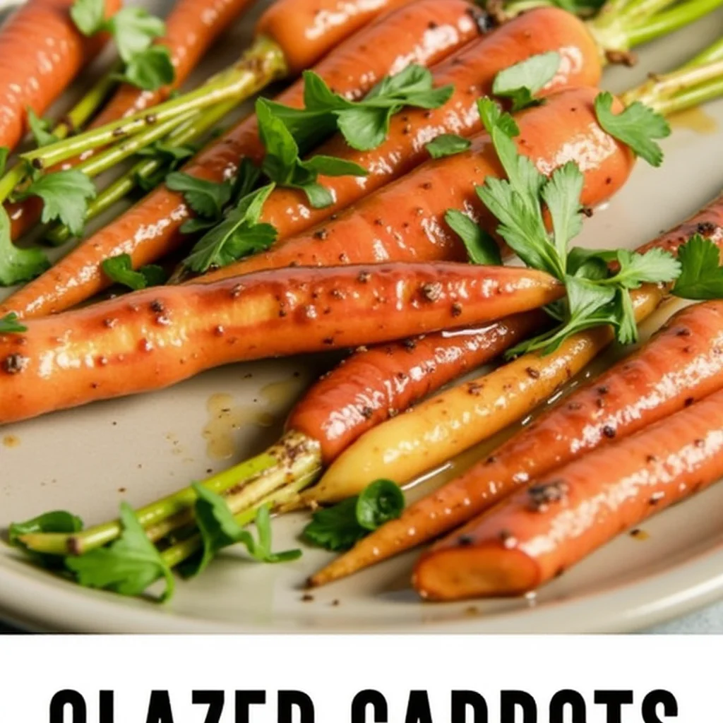 Close-up of honey-glazed carrots on a beige plate, garnished with fresh herbs.